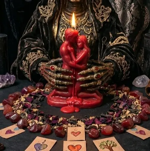 Altar esotérico con la Santa Muerte sosteniendo velas rituales doradas para los hechizos y amarres de amor más poderosos del mundo en Bogotá.