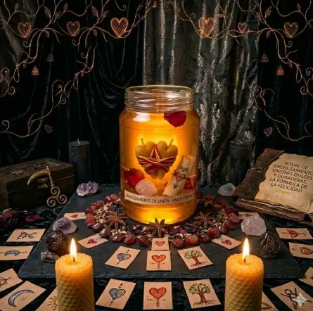 Altar esotérico con un frasco de miel iluminado para endulzamientos de amor efectivos y retornos de pareja en Usaquén, Bogotá.