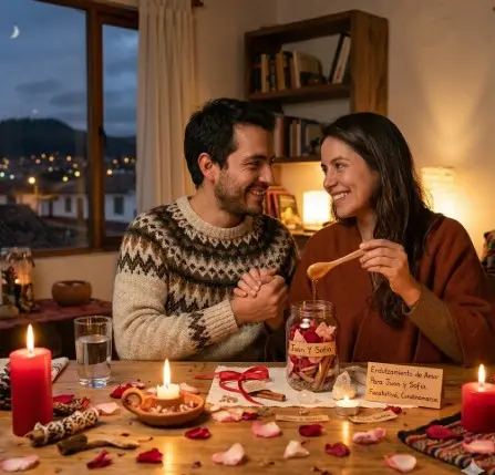 Pareja sonriente realizando un endulzamiento de amor con miel y velas en Facatativá, Cundinamarca