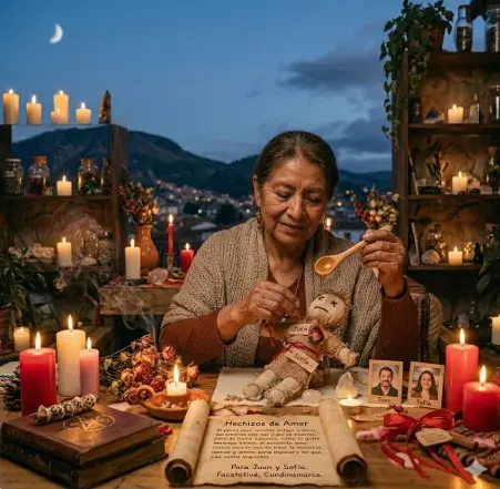 Ritual espiritual realizando un hechizo de amor con muñeco vudú, miel y velas en Facatativá, Cundinamarca.