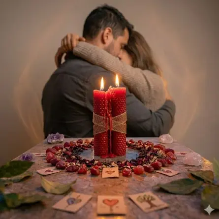 Ritual con dos velas rojas amarradas y pareja abrazada al fondo para amarres de amor en Usaquén, Bogotá.
