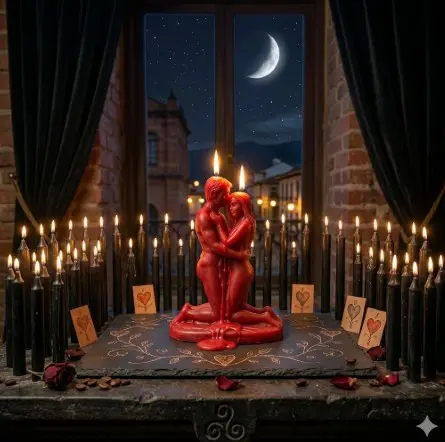 Hechizo de amor en Chapinero con dos velas rojas en figura humana entrelazadas, rodeadas de velas negras bajo una noche de luna a través de la ventana.