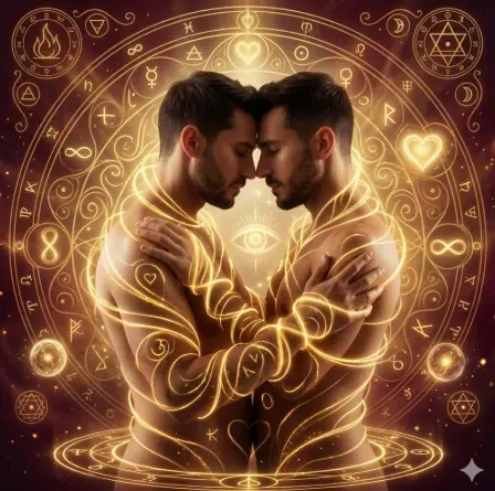 Ligamientos de amor para parejas del mismo sexo en Bogotá con símbolos místicos y energía dorada.