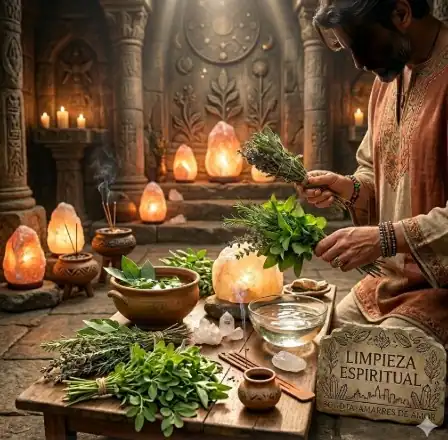 Hombre realizando ritual de limpieza espiritual con hierbas y cuarzos para amarres de amor en Bogotá.