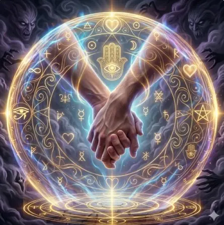 Protección espiritual para parejas en Bogotá contra envidias y malas energías, manos unidas bajo un escudo místico dorado.