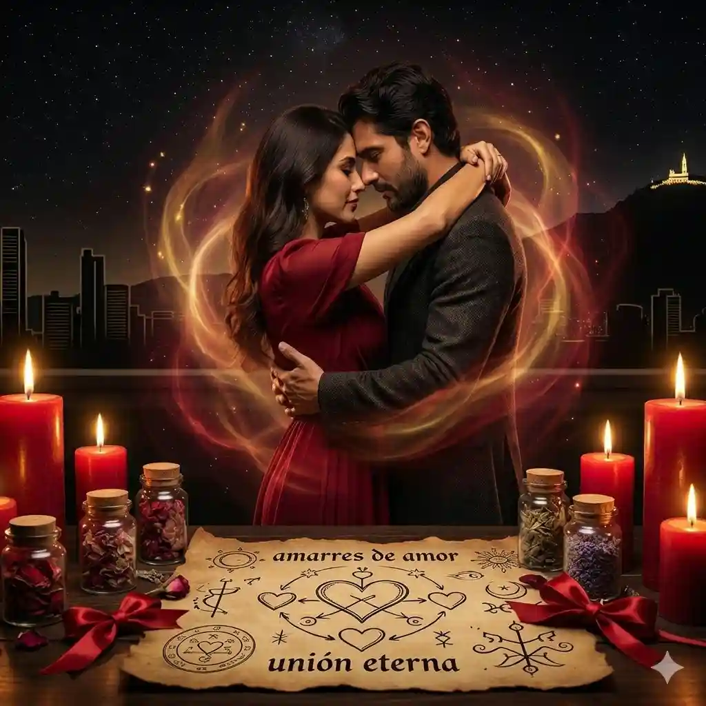 Pareja abrazada en ritual de amarres de amor en bogotá con velas rojas