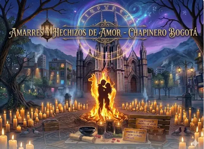 Altar místico nocturno con velas negras frente a la Iglesia de Nuestra Señora de Lourdes para amarres de amor en Chapinero, Bogotá.