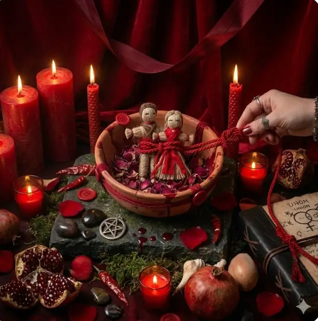 Altar místico de amarres de amor en Cota y Bogotá con dos muñecos de tela unidos por un cordón rojo, velas rojas