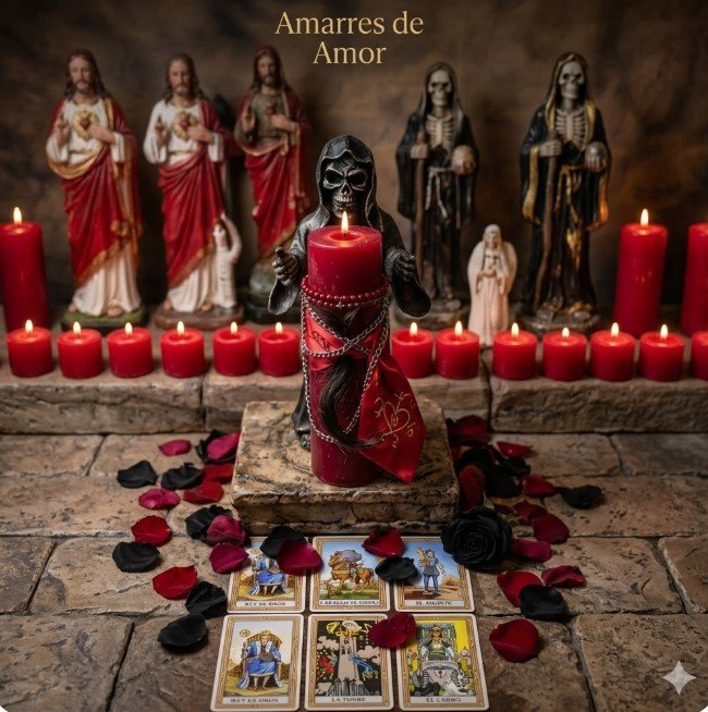 Altar místico para amarres de amor efectivos con velón rojo, cartas del tarot y figuras espirituales en Suba, Bogotá.