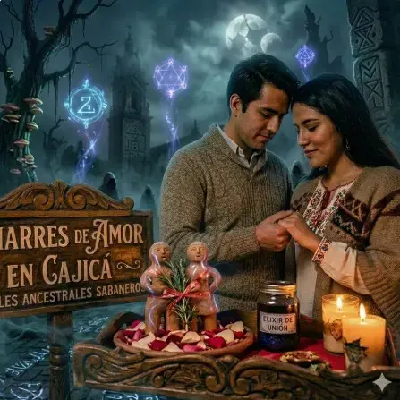 Pareja realizando un ritual de amarre de amor ancestral en Cajicá, Colombia, con figuras de barro, velas y símbolos mágicos en un entorno nocturno místico.