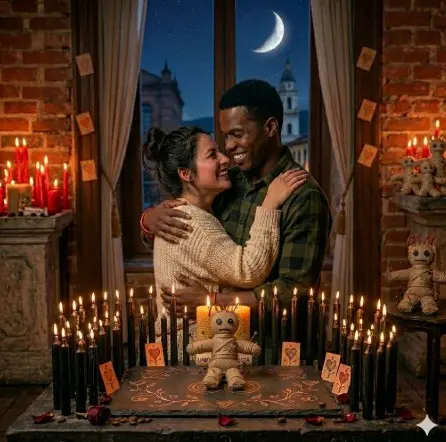 Pareja abrazada y unida con hilos rituales rojos durante un amarre de amor en Chapinero, rodeada de velas místicas bajo una noche de luna.