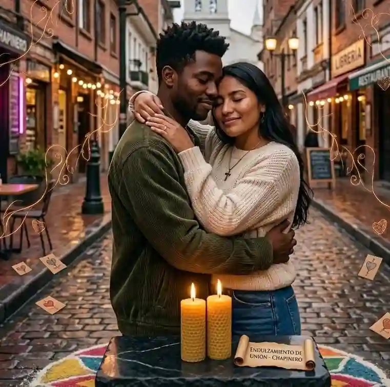 Pareja enamorada abrazada en una calle tradicional de Chapinero, Bogotá, con un altar de endulzamientos de amor en primer plano.