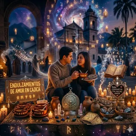 Ritual místico de endulzamiento de amor en Cajicá, Colombia: pareja joven rodeada de runas, velas, cristales y tarot