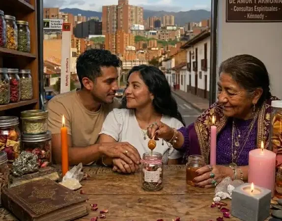 Maestro experto en esoterismo realizando un endulzamiento de amor con miel para una pareja enamorada en Kennedy, Bogotá.