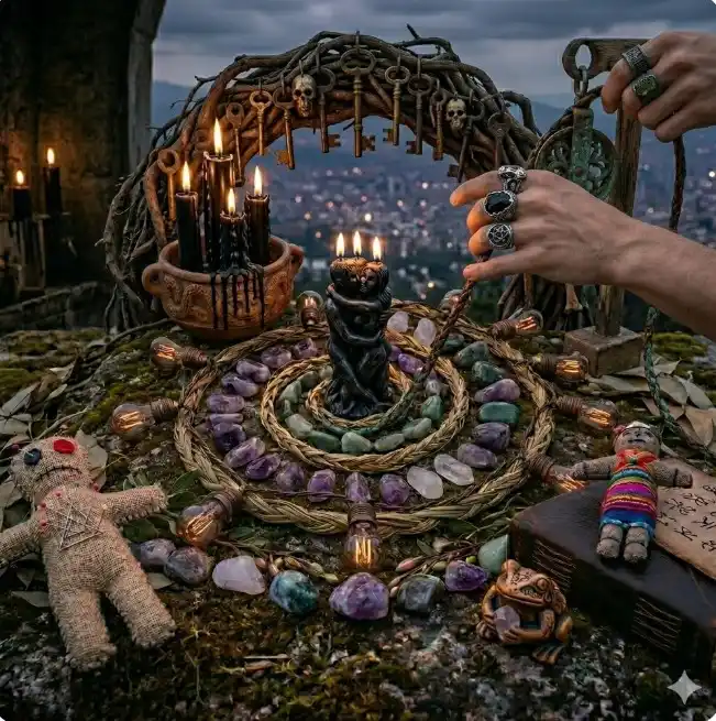 Altar místico de amarres y hechizos de amor con magia negra en Cota y Bogotá, destacando vela de pareja abrazada, velas negras y runas.