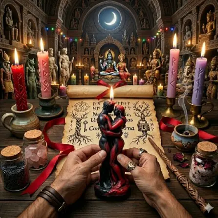 Maestro espiritual realizando rituales de amor efectivos en Bogotá velas y pergaminos.