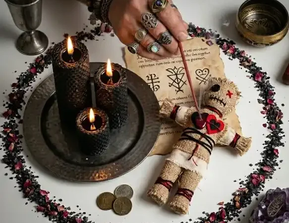Amarres Maestro esotérico realizando un poderoso hechizo de amor en Kennedy, Bogotá, con muñeco vudú, velas negras y runas protectoras