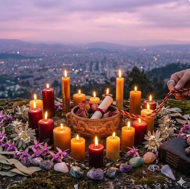 Altar místico para hechizos de amor en Cota y Bogotá con velas encendidas, flores y vista panorámica de la ciudad al atardecer.