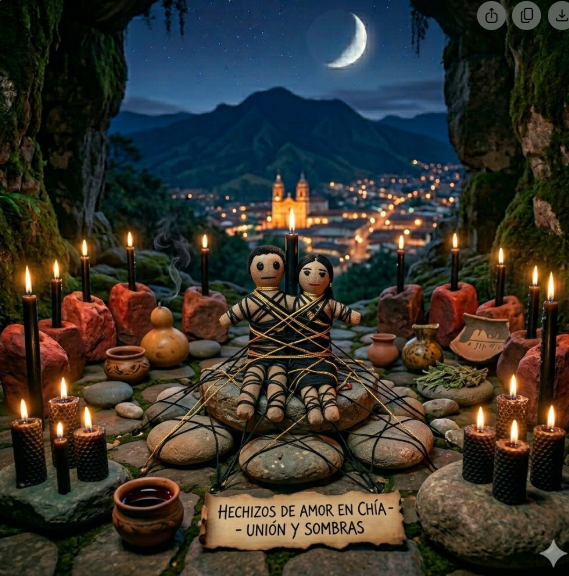 Altar místico para hechizos de amor en Chía, con hilos sagrados, velas negras y un símbolo de luna dorada en un entorno natural nocturno.