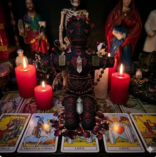 Muñeco vudú místico en tonos negro y rojo para hechizos de amor potentes en Engativá, Bogotá