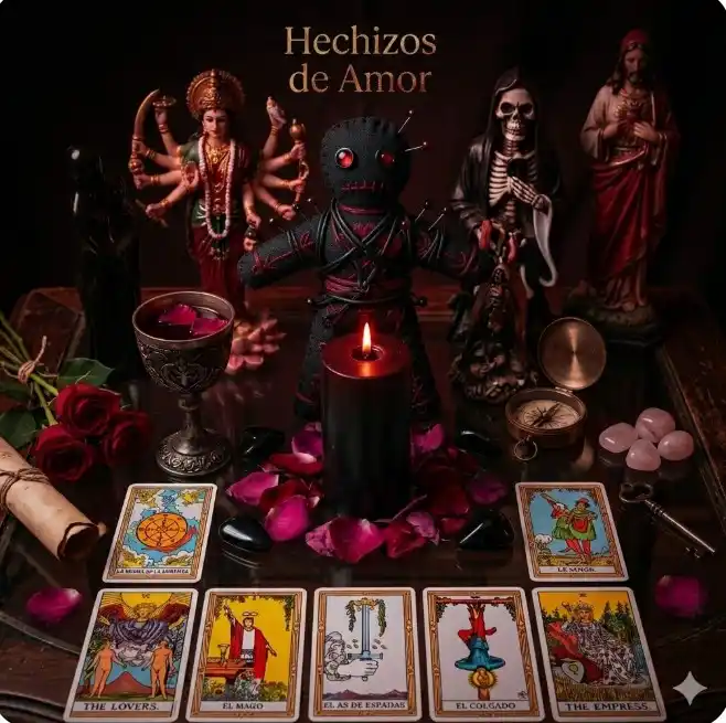 Altar místico para hechizos de amor con muñeco vudú negro y rojo, cartas del tarot y velón negro en Suba, Bogotá.