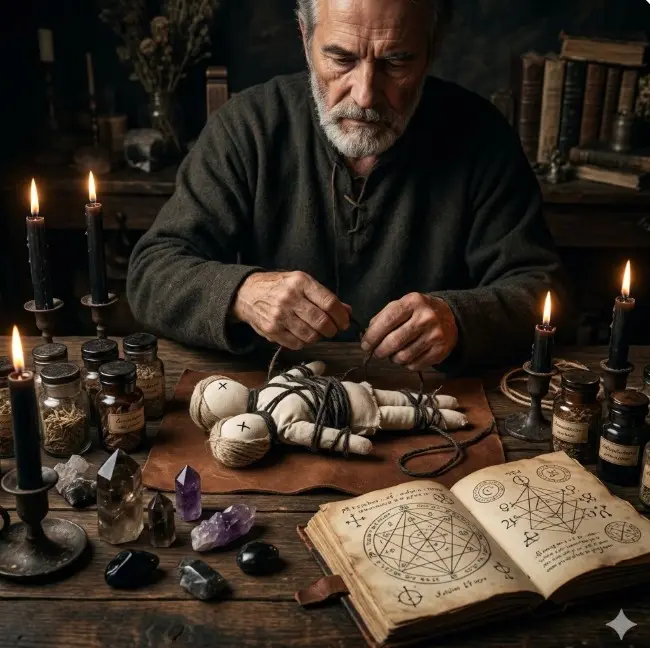 Maestro espiritual realizando un ritual esotérico de amarre de amor con muñecos de tela atados y velas negras.