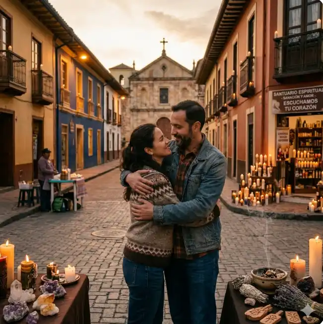 Pareja reconciliada abrazándose en una calle de Fontibón rodeada de velas y elementos místicos de amarres de amor.