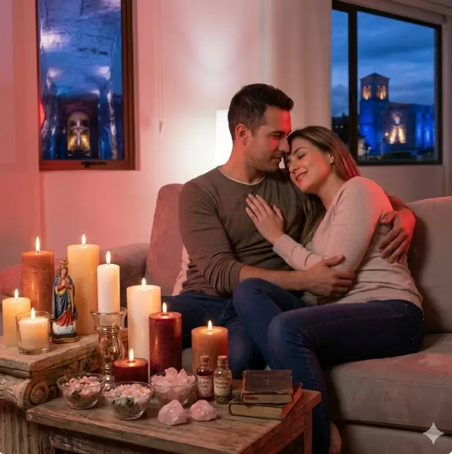Pareja unida en sofá junto a santuario de velas rituales de amarres de amor en Zipaquirá