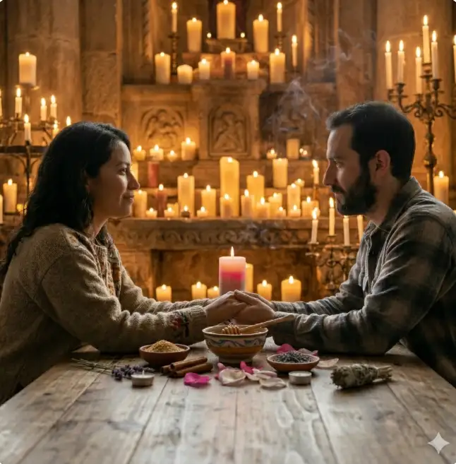 Pareja feliz abrazándose y sonriendo en un santuario esotérico iluminado con muchas velas en Fontibón, Bogotá.