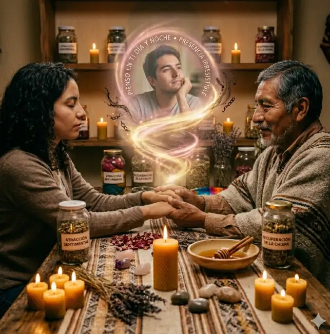 Maestro espiritual realizando un hechizo de atracción de amor en Zipaquirá con velas, plantas y la proyección mental de un hombre