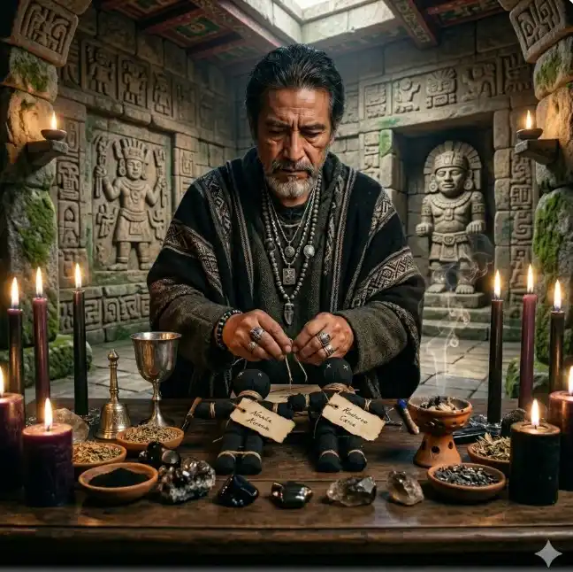 Maestro esotérico realizando hechizos de amor y limpiezas espirituales en un santuario místico real en Fontibón