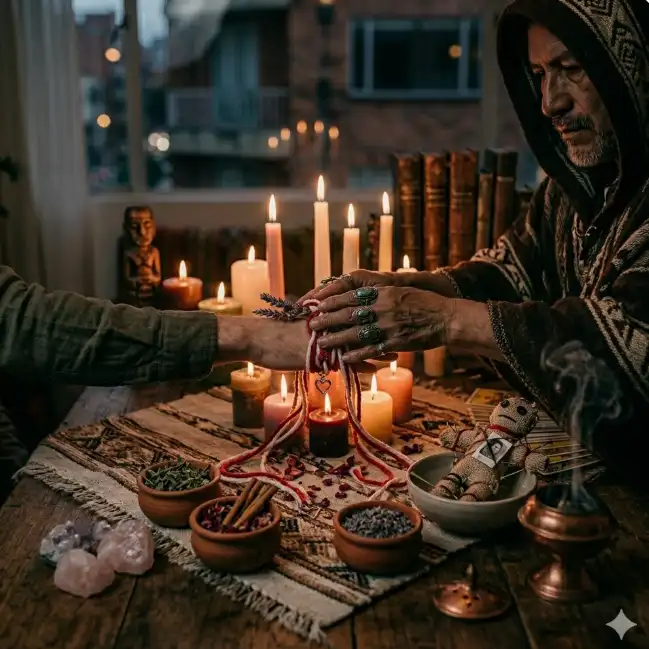 Maestro espiritual realizando hechizos de amor con muñeco vudú y velas para atraer a la persona amada en Teusaquillo