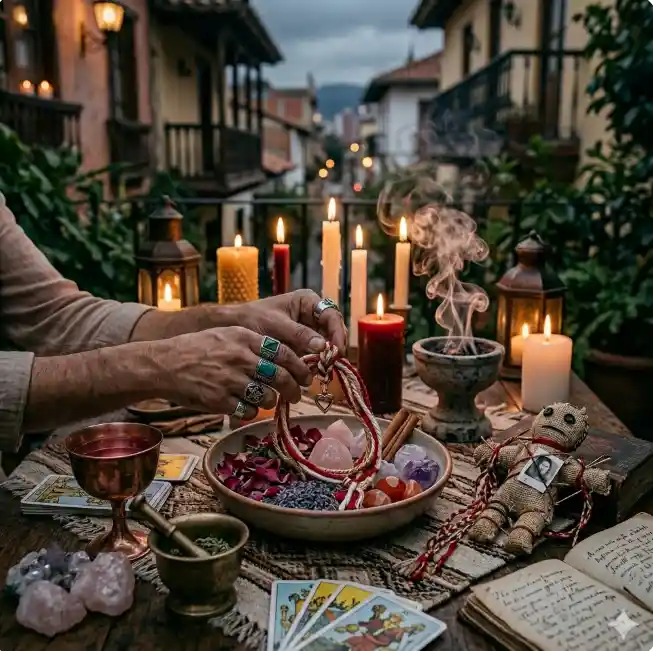 Manos de hombre con anillos realizando un ritual místico con velas, cartas de tarot y muñeco vudú para hechizos de amor en Teusaquillo